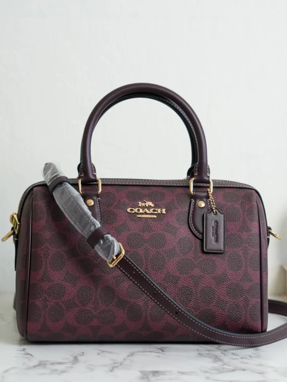 Coach CV961 Rowan Satchel Bag In Signature Canvas Black Currant NWT